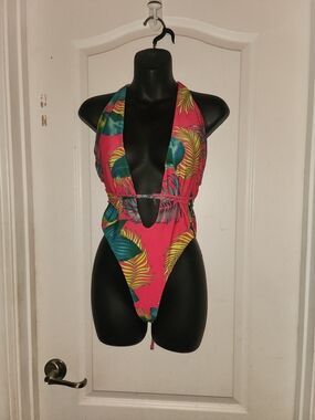 Tropical Halter One-Piece Swimsuit - Pink Leaf Print